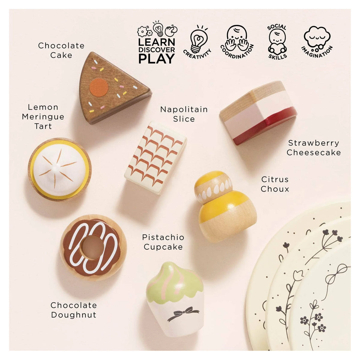 Wooden Toy Cake Stand & Selection of 7 Eco-Friendly Treats