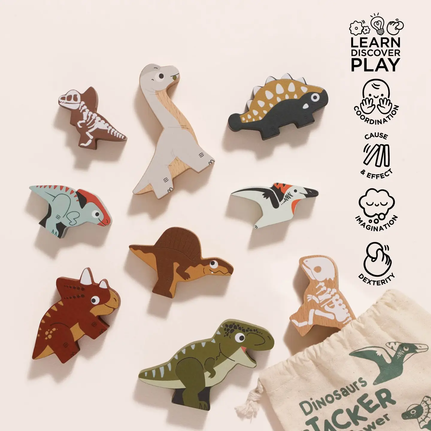 Jurassic Stacking Dinosaurs & Bag, education wood toy by Le Toy Van