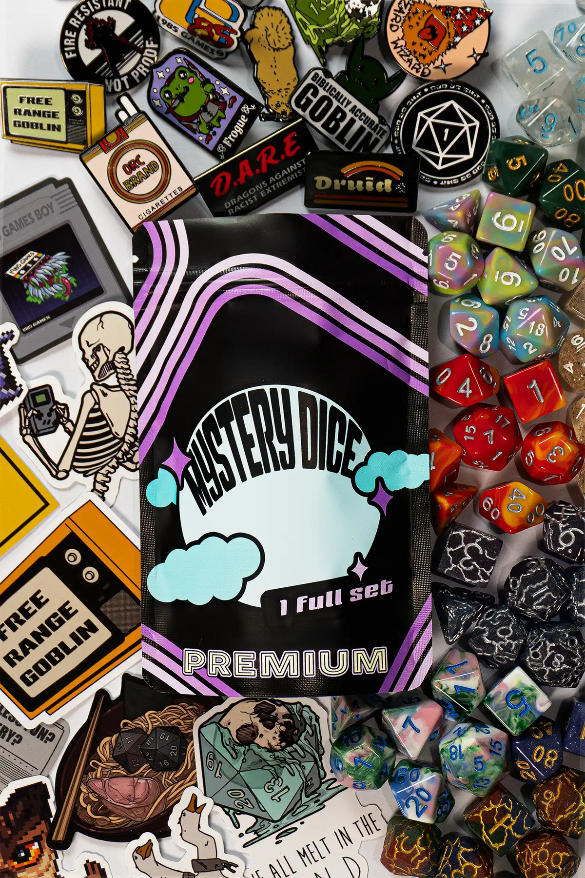 Premium Mystery Dice - A Full Set of Dice Plus Pin and Sticker