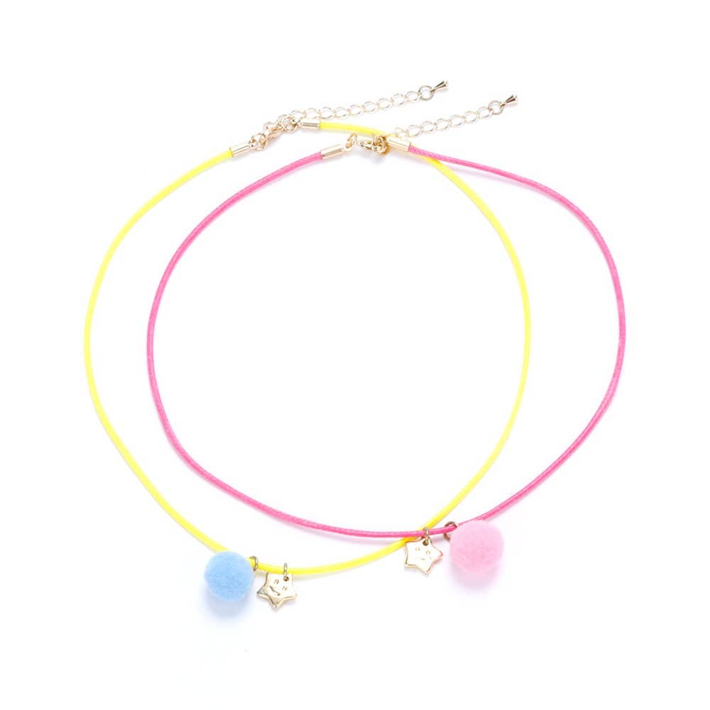 Little Star & Pompom Two Necklace Card  - Pink/ Yellow