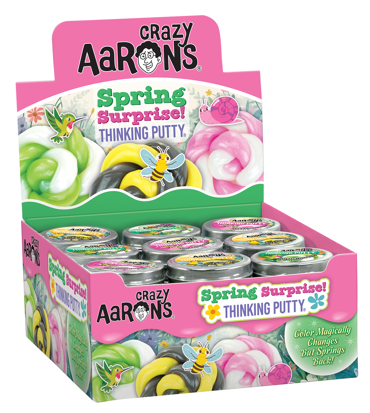 Crazy Aaron's Spring Surprise 2" Tins, Buzzing Bee, Hummingbird and Sneaking Snail