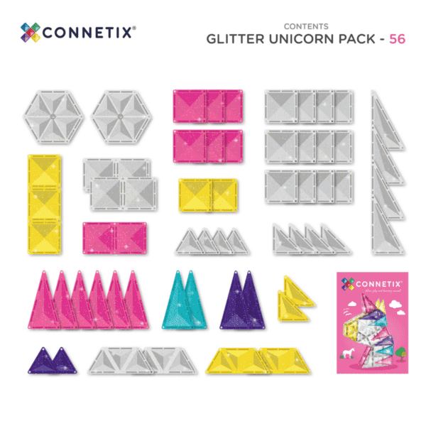 CONNETIX Magnetic Tiles, Glitter Unicorn Pack, 56 Pieces