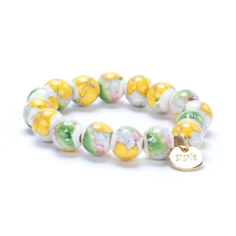 Kids Vintage Floral Beaded Bracelet with Gold Circle Charm