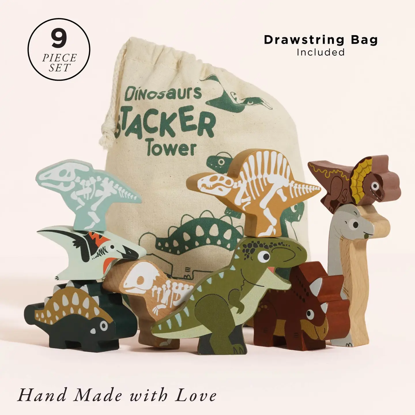 Jurassic Stacking Dinosaurs & Bag, education wood toy by Le Toy Van