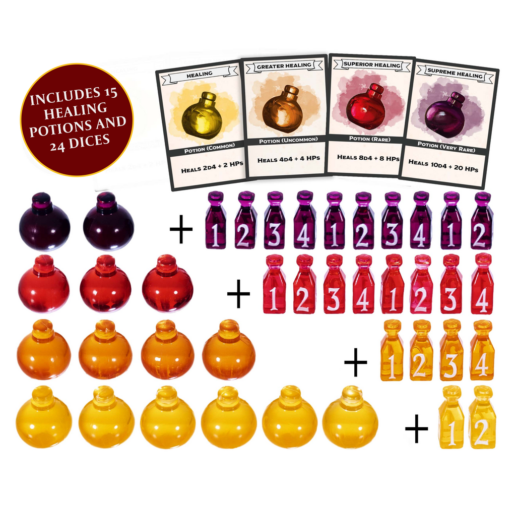 Healing Potion Markers & Dice - Set of 24 Dice & 15 Potions Tokens