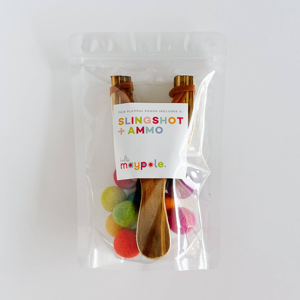 Wood Slingshot with 12 Felt Balls