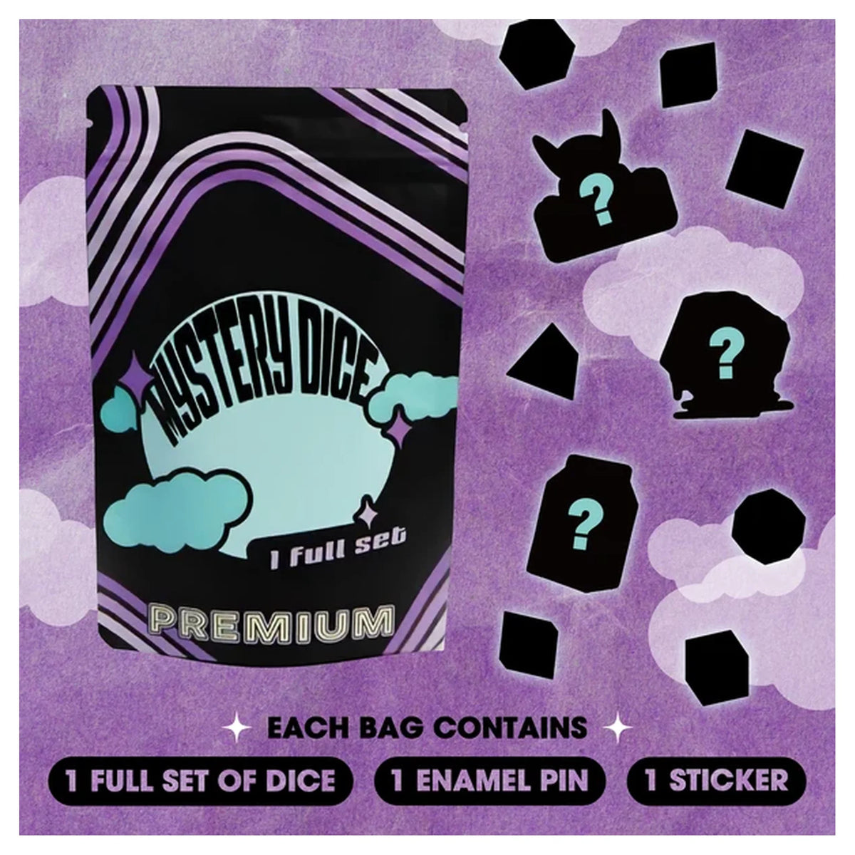 Premium Mystery Dice - A Full Set of Dice Plus Pin and Sticker