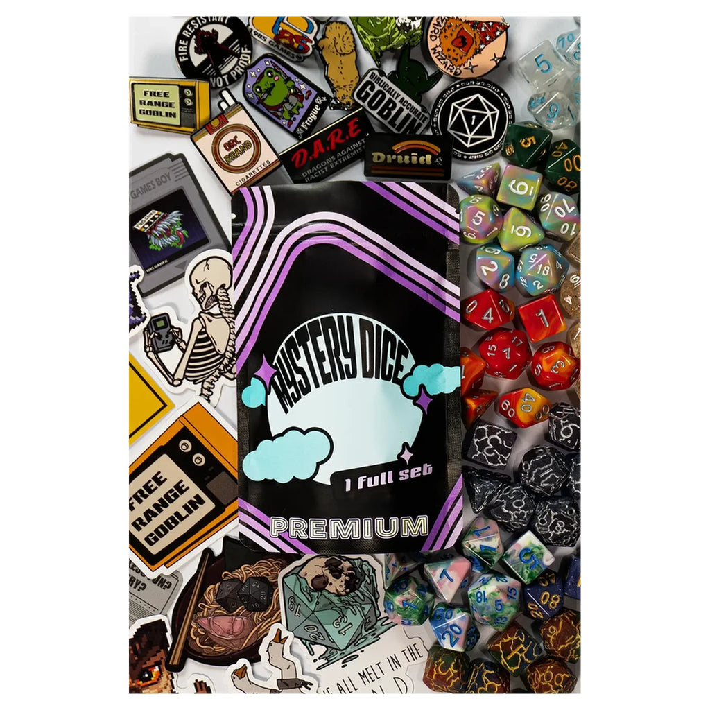 Premium Mystery Dice - A Full Set of Dice Plus Pin and Sticker